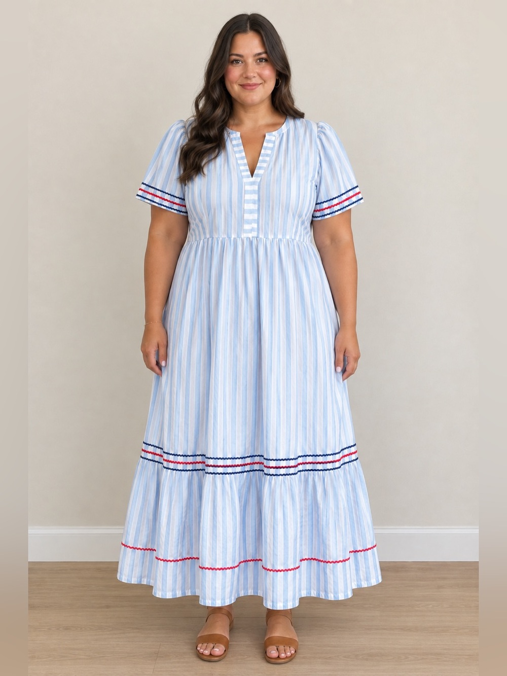 Draper James Katherine Dress Blue White Stripe Ric Rac Trim Tiered Maxi
